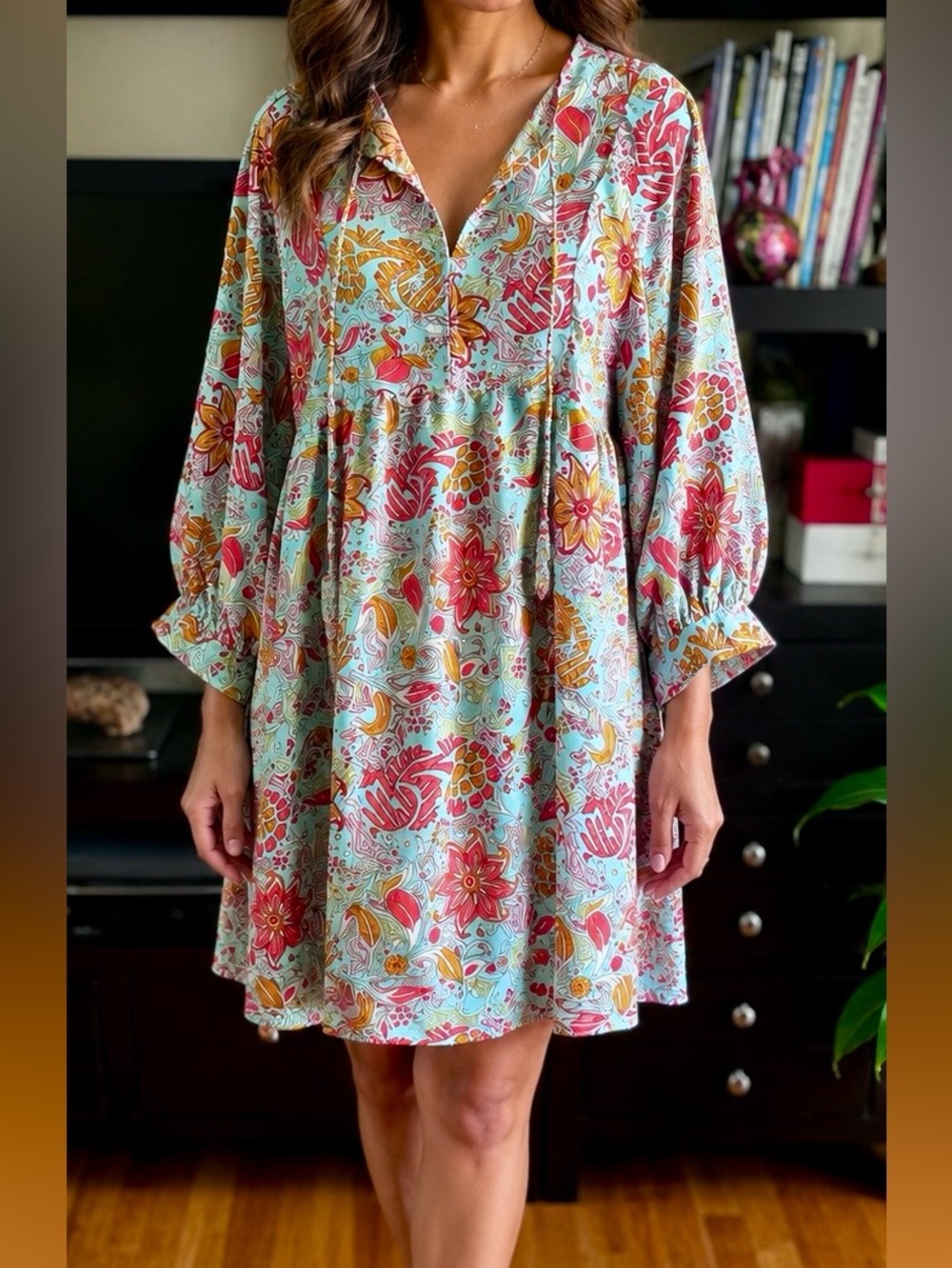 Floral Babydoll Dress in Aqua with Pink & Mustard Accents